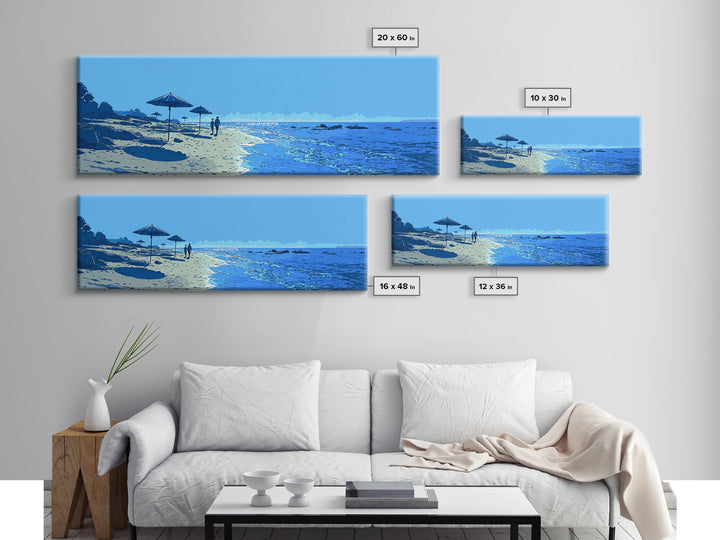 Blue Seaside Beach With Umbrellas Wall Art, Coastal Landscape Print, Modern Wall Decor, Beach House Decor, Travel Poster Art