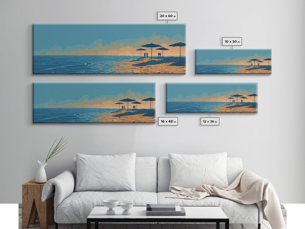 Orange Sunset Beach Umbrellas Framed Canvas Print, Coastal Wall Art, Modern Wall Decor, Tropical Landscape, Beach House Decor
