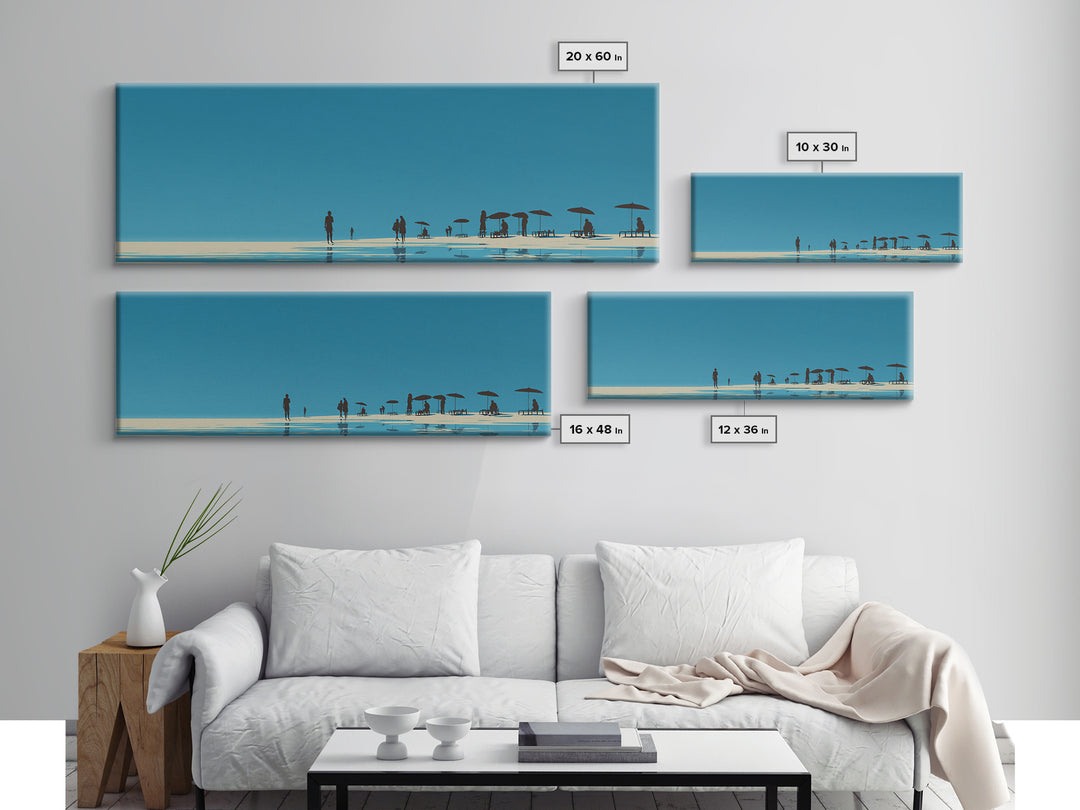 Minimal Blue Beach Horizon With Tiny Figures Wall Art, Coastal Landscape Print, Modern Wall Decor, Scandinavian Print, Large Prints