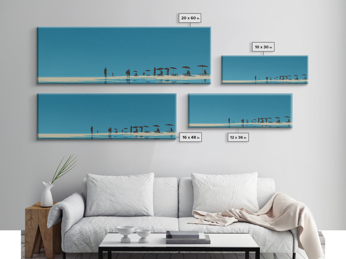 Minimal Blue Beach Horizon With Tiny Figures Wall Art, Coastal Landscape Print, Modern Wall Decor, Scandinavian Print, Large Prints