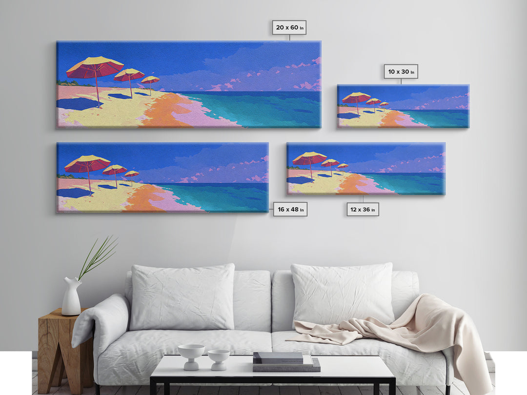 Vibrant Ocean Beach With Umbrellas Canvas Print, Coastal Wall Decor, Retro Travel Poster, Modern Art Print For Summer Home