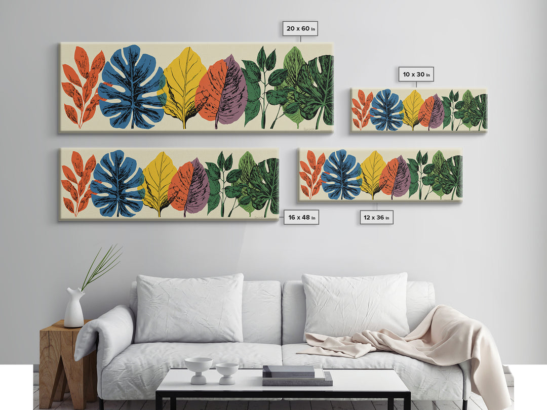 Colorful Tropical Leaf Row Framed Canvas Print, Midcentury Modern Botanical Wall Art, Retro Home Decor, Bold Nature Poster