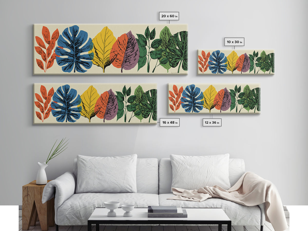 Colorful Tropical Leaf Row Framed Canvas Print, Midcentury Modern Botanical Wall Art, Retro Home Decor, Bold Nature Poster