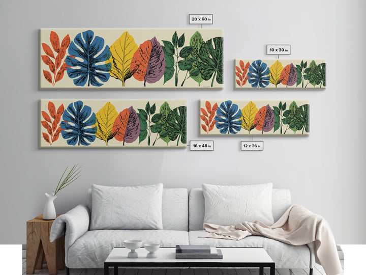 Colorful Tropical Leaf Row Framed Canvas Print, Midcentury Modern Botanical Wall Art, Retro Home Decor, Bold Nature Poster
