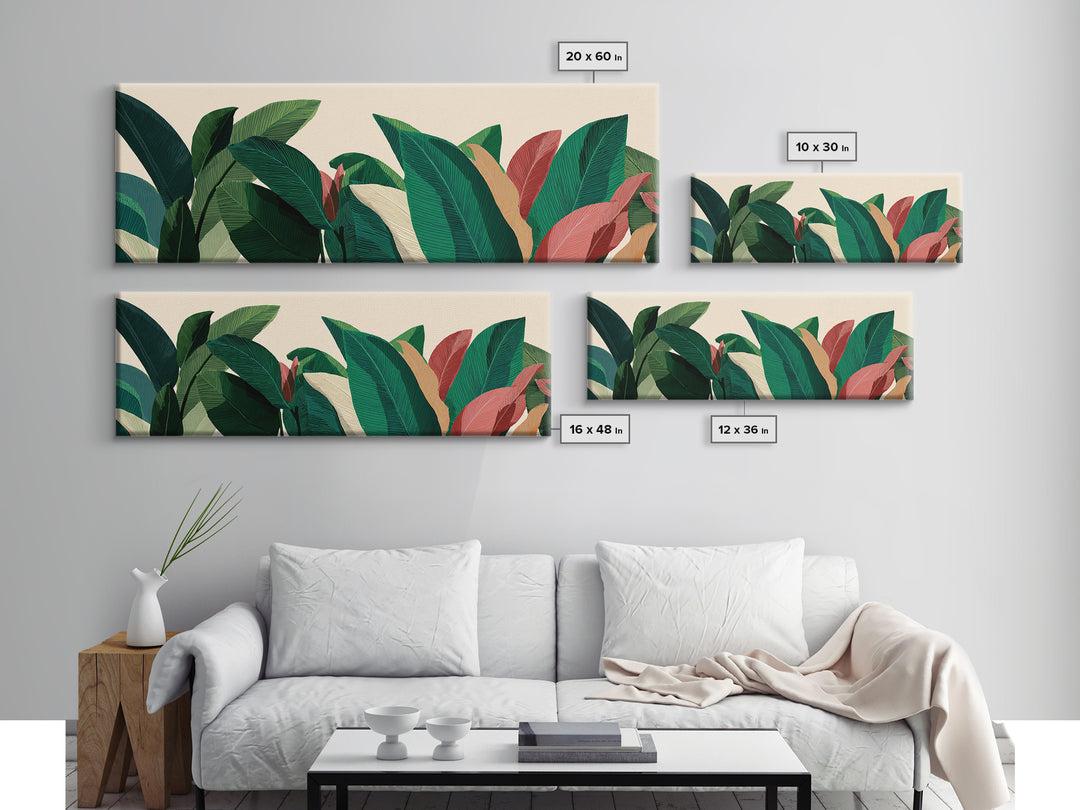 Deep Green Tropical Foliage With Coral Leaves Canvas Print, Botanical Wall Art, Midcentury Modern Decor, Boho Home Poster