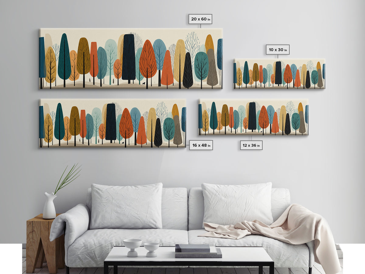 Stylized Autumn Trees In Earth Tones Canvas Print, Midcentury Modern Landscape Wall Art, Retro Forest Decor, Nordic Poster