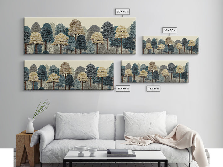 Layered Woodland Trees In Blue And Cream Wall Art, Scenic Nature Print, Midcentury Modern Decor, Large Rustic Forest Poster