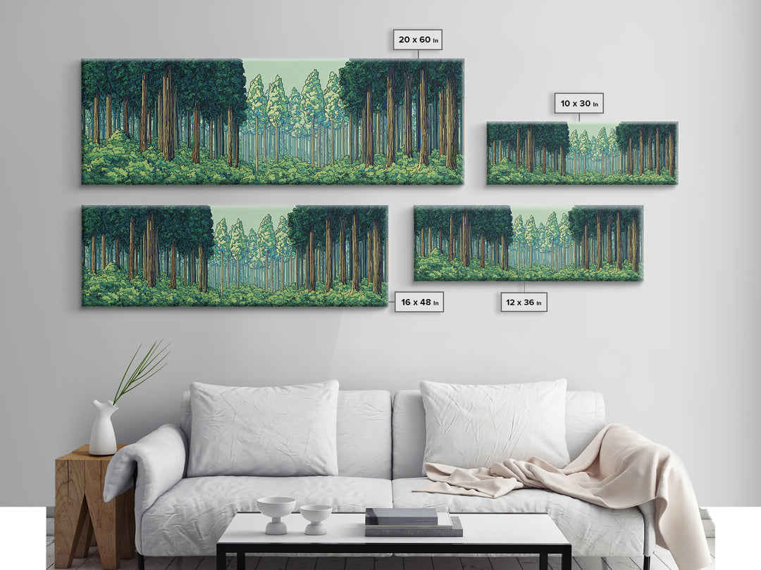 Emerald Forest Path With Tall Pines Framed Canvas Print, Nature Wall Art, Modern Home Decor, Green Scenic Woodland Poster