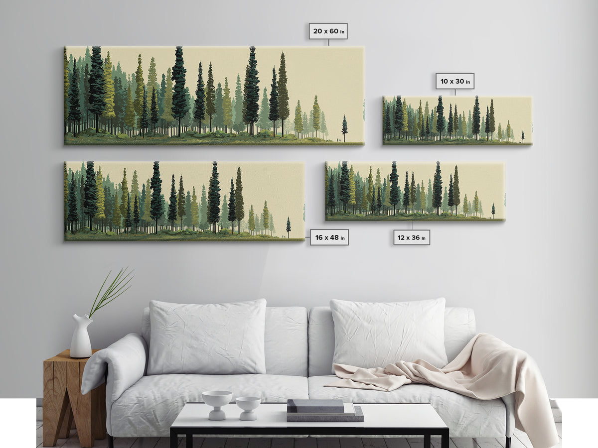Misty Evergreen Forest Panorama Wall Art, Midcentury Modern Landscape Print, Nature Wall Decor, Large Canvas Cabin Artwork