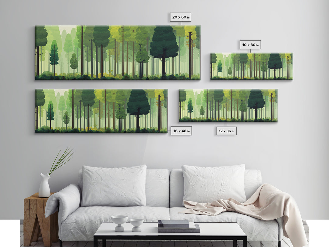 Soft Green Woodland Forest Wall Art, Midcentury Modern Nature Print, Scandinavian Modern Decor, Large Canvas Landscape Art