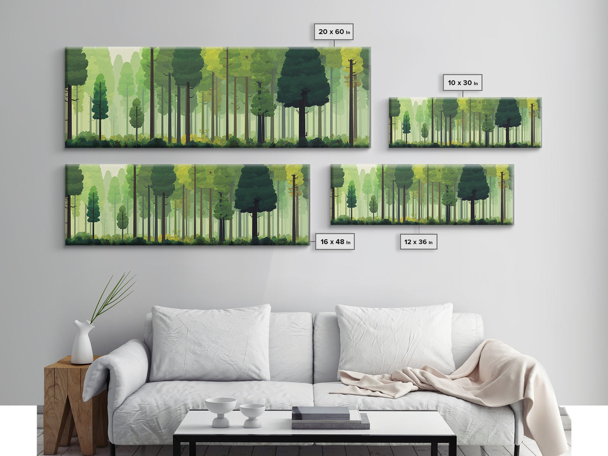 Soft Green Woodland Forest Wall Art, Midcentury Modern Nature Print, Scandinavian Modern Decor, Large Canvas Landscape Art