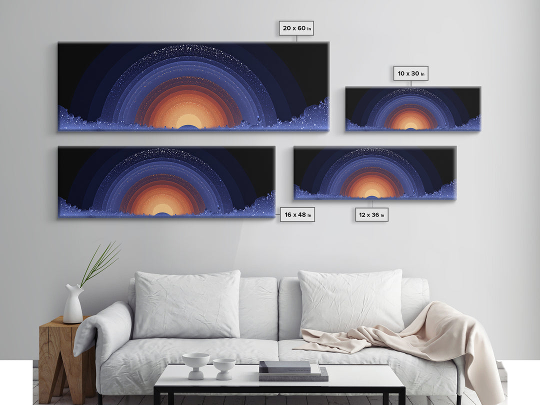 Starry Cosmic Sunrise Arc Wall Art, Midcentury Modern Space Abstract Print, Orange Blue Galaxy Decor, Retro Canvas Poster