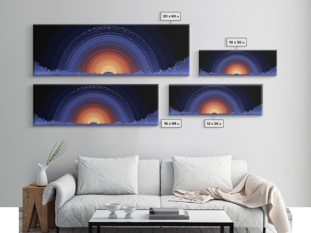 Starry Cosmic Sunrise Arc Wall Art, Midcentury Modern Space Abstract Print, Orange Blue Galaxy Decor, Retro Canvas Poster