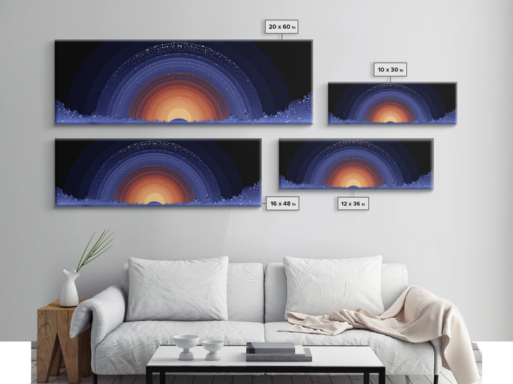 Starry Cosmic Sunrise Arc Wall Art, Midcentury Modern Space Abstract Print, Orange Blue Galaxy Decor, Retro Canvas Poster