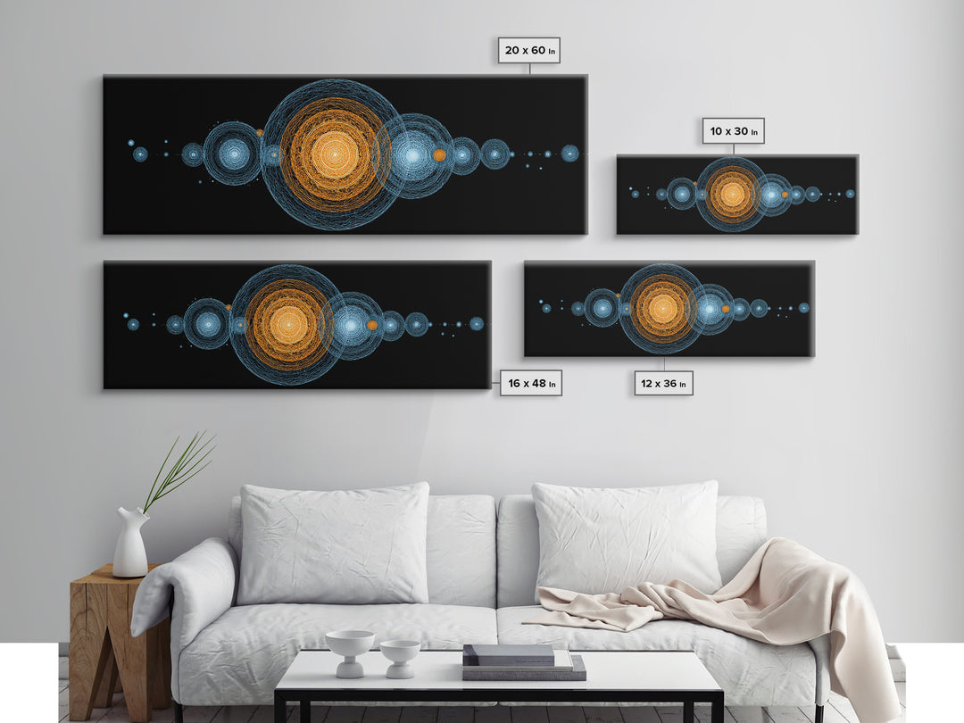 Planetary Orbit Circle Canvas Print, Midcentury Modern Space Wall Art, Blue Orange Geometric Decor, Atomic Abstract Poster