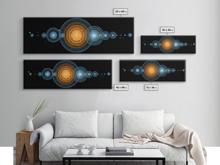 Planetary Orbit Circle Canvas Print, Midcentury Modern Space Wall Art, Blue Orange Geometric Decor, Atomic Abstract Poster