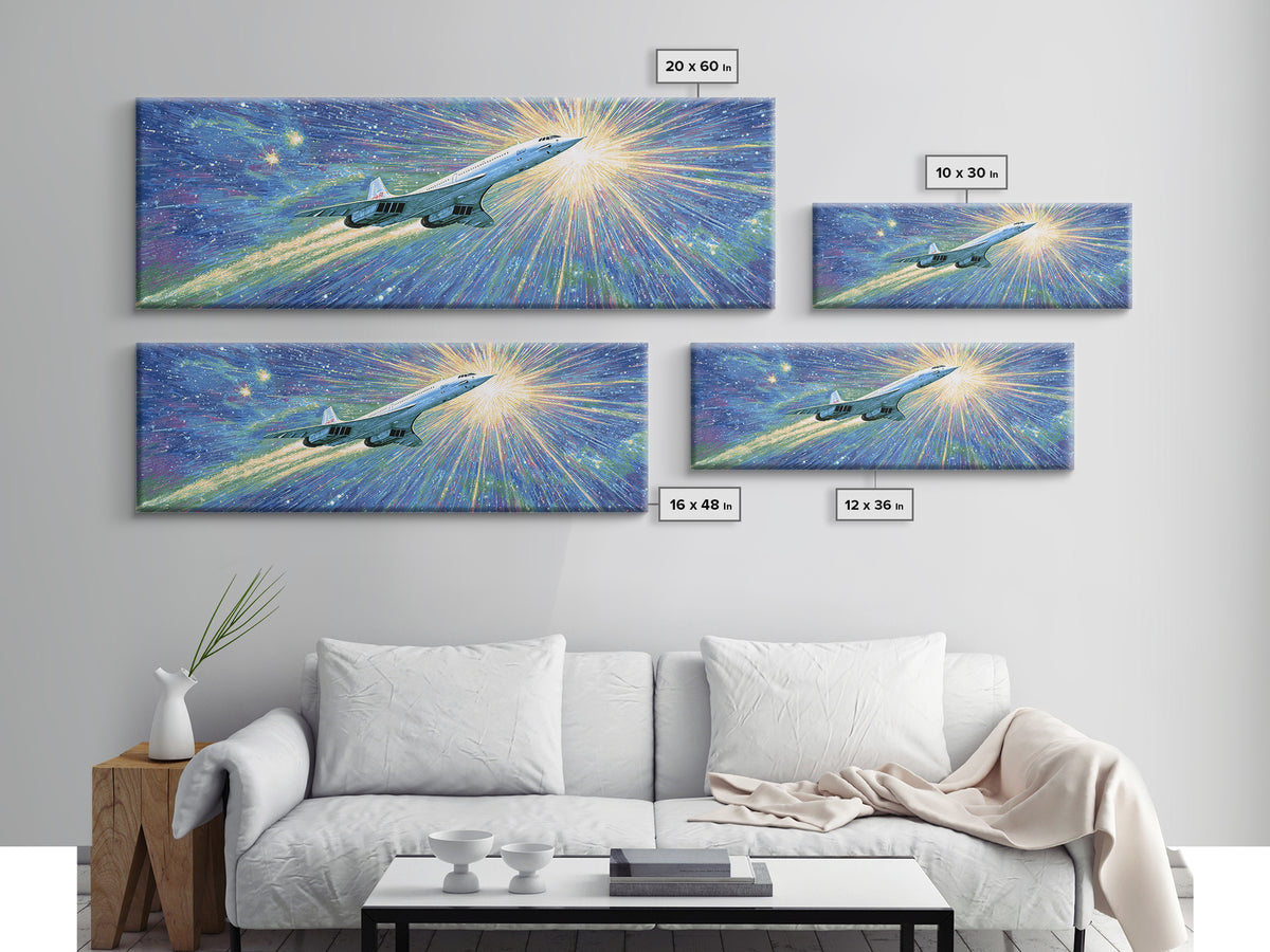 Supersonic Jet In Cosmic Starburst Canvas Print, Retro Sci Fi Wall Decor, Midcentury Modern Art, Space Poster Gift, Home Office Decor