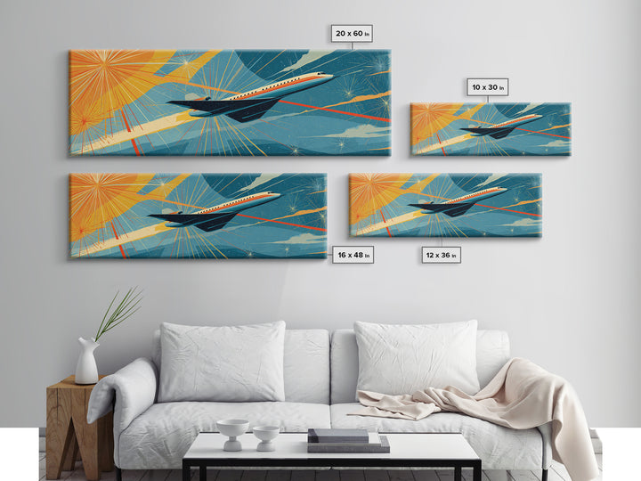 Jetliner Over Geometric Sunburst Canvas Print, Midcentury Modern Wall Decor, Retro Travel Poster, Atomic Aviation Art Gift