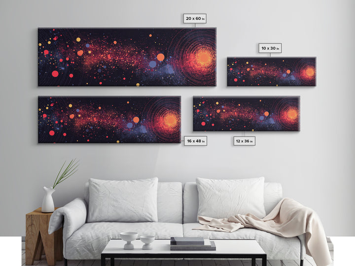 Orange Galaxy Burst With Orbiting Dots Canvas Print, Space Abstract Art, Cosmic Retro Wall Decor, Modern Art Poster, Home Decor