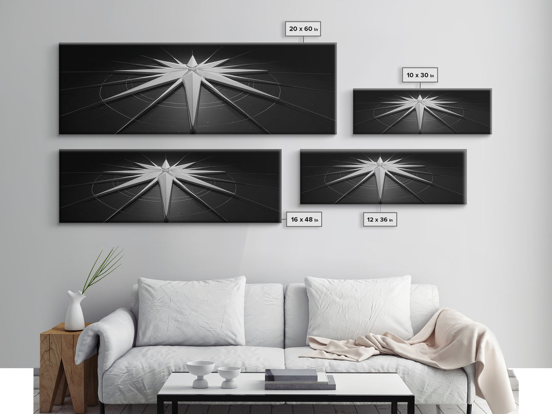Futuristic White Star Sculpture Canvas Print, Black And White Wall Art, Modern Geometric Decor, Sci Fi Office Poster Gift