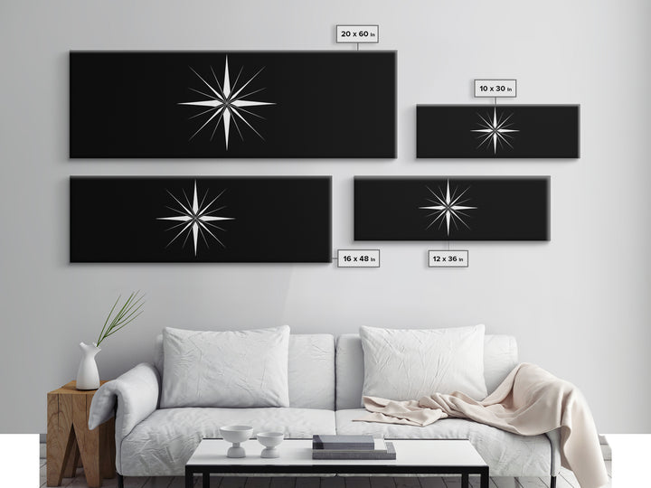 White Atomic Starburst On Black Wall Art, Midcentury Modern Geometric Print, Minimalist Retro Wall Decor, MCM Home Office Art