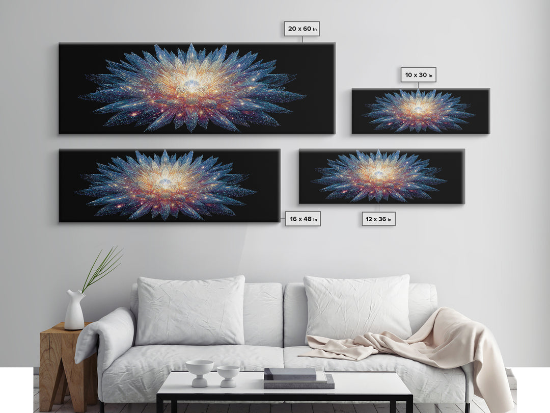 Glowing Cosmic Crystal Bloom Wall Art, Modern Abstract Art Print, Space Abstract Art, Blue Black Living Room Wall Decor Prints