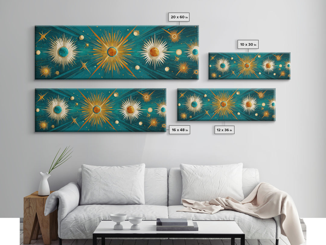 Teal Gold Celestial Sunburst Planets Wall Art, Modern Abstract Art Print, Art Deco Poster, Geometric Wall Decor, MCM Home Decor