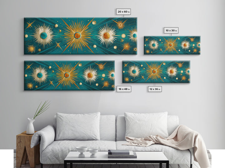 Teal Gold Celestial Sunburst Planets Wall Art, Modern Abstract Art Print, Art Deco Poster, Geometric Wall Decor, MCM Home Decor