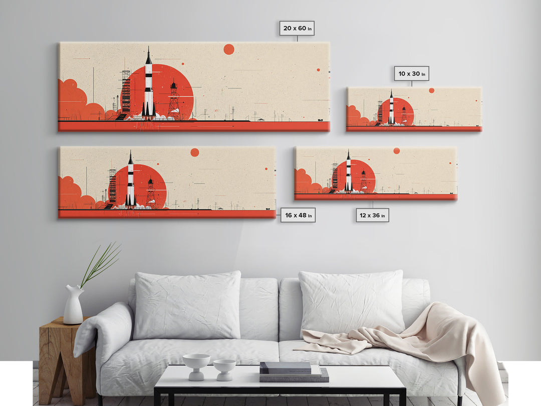 Minimal Red Rocket On Launch Pad Wall Art, Midcentury Modern Space Poster, Atomic Orange Sun Decor, Retro MCM Print Gift