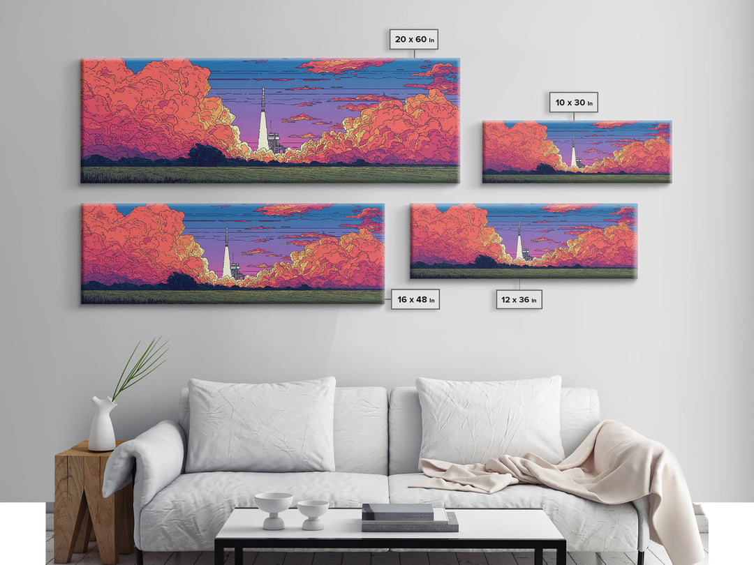 Pink Cloud Rocket Launch At Sunset Wall Art, Midcentury Modern Space Poster, Retro Sci Fi Landscape, Colorful MCM Decor Print