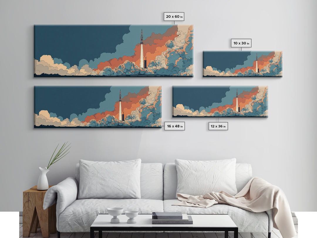 Teal Orange Rocket Rising Through Clouds Canvas Print, Midcentury Modern Space Poster, Atomic Sci Fi Decor, Retro Wall Art