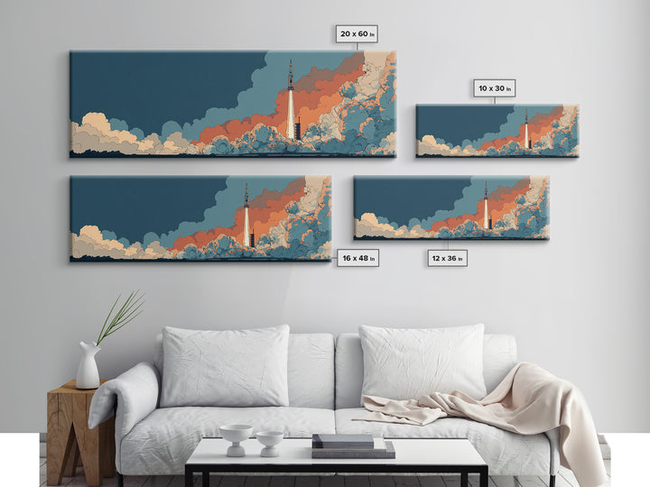 Teal Orange Rocket Rising Through Clouds Canvas Print, Midcentury Modern Space Poster, Atomic Sci Fi Decor, Retro Wall Art