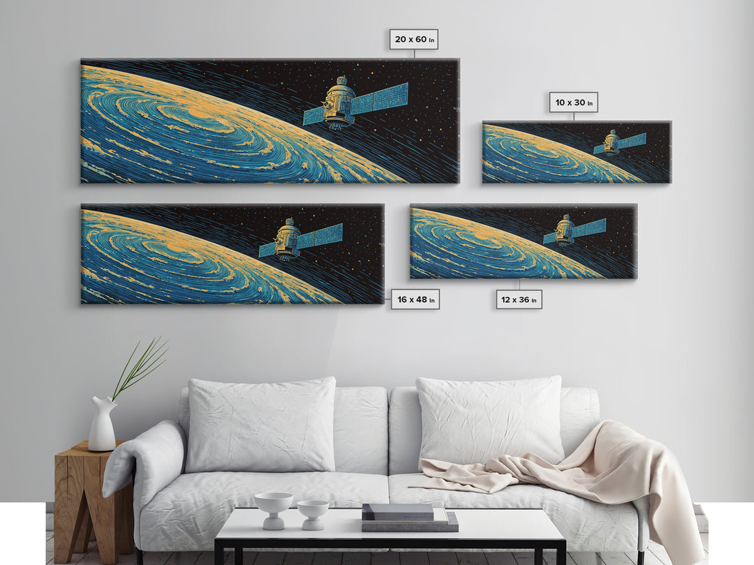 Orbiting Satellite Above Spiral Planet Canvas Print, Midcentury Modern Space Poster, Retro Sci Fi Wall Art, Atomic MCM Decor