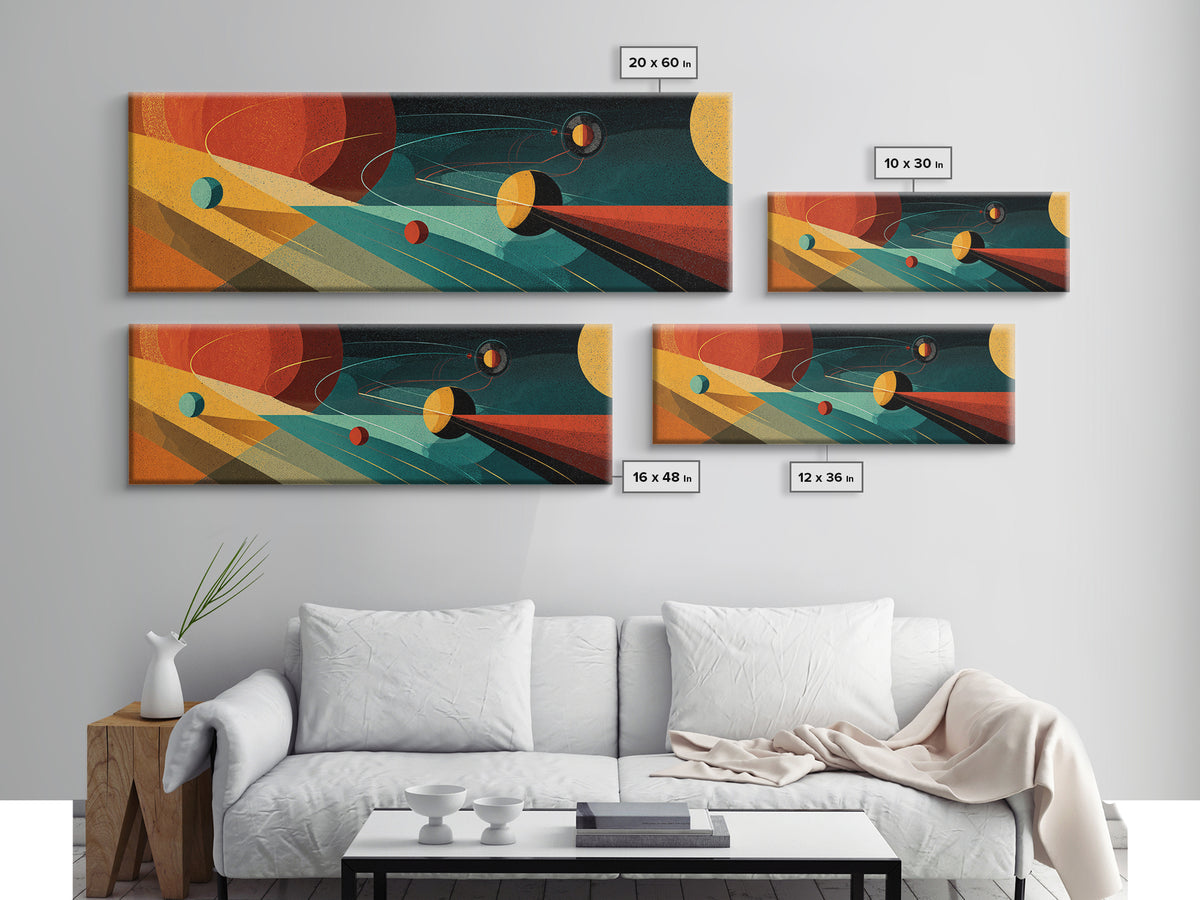 Abstract Planets With Cosmic Light Beams Wall Art, Midcentury Modern Space Poster, Retro Atomic Decor, Colorful Sci Fi Print