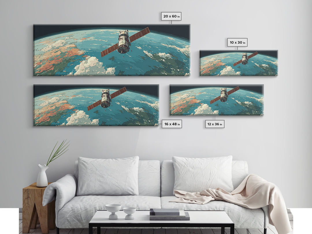 Satellite Orbiting Earth Horizon Framed Canvas Print, Midcentury Modern Space Poster, Retro Sci Fi Wall Art, MCM Decor Gift
