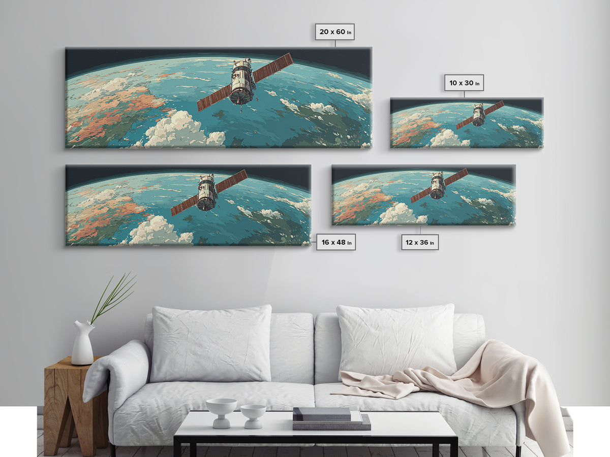 Satellite Orbiting Earth Horizon Framed Canvas Print, Midcentury Modern Space Poster, Retro Sci Fi Wall Art, MCM Decor Gift