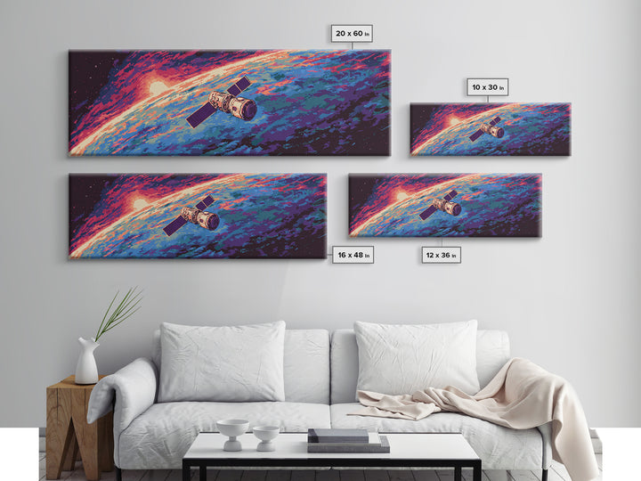Retro Satellite Over Earth Sunrise Wall Art, Panoramic Sci Fi Space Poster, Midcentury Modern Decor, Large Canvas Print Gift