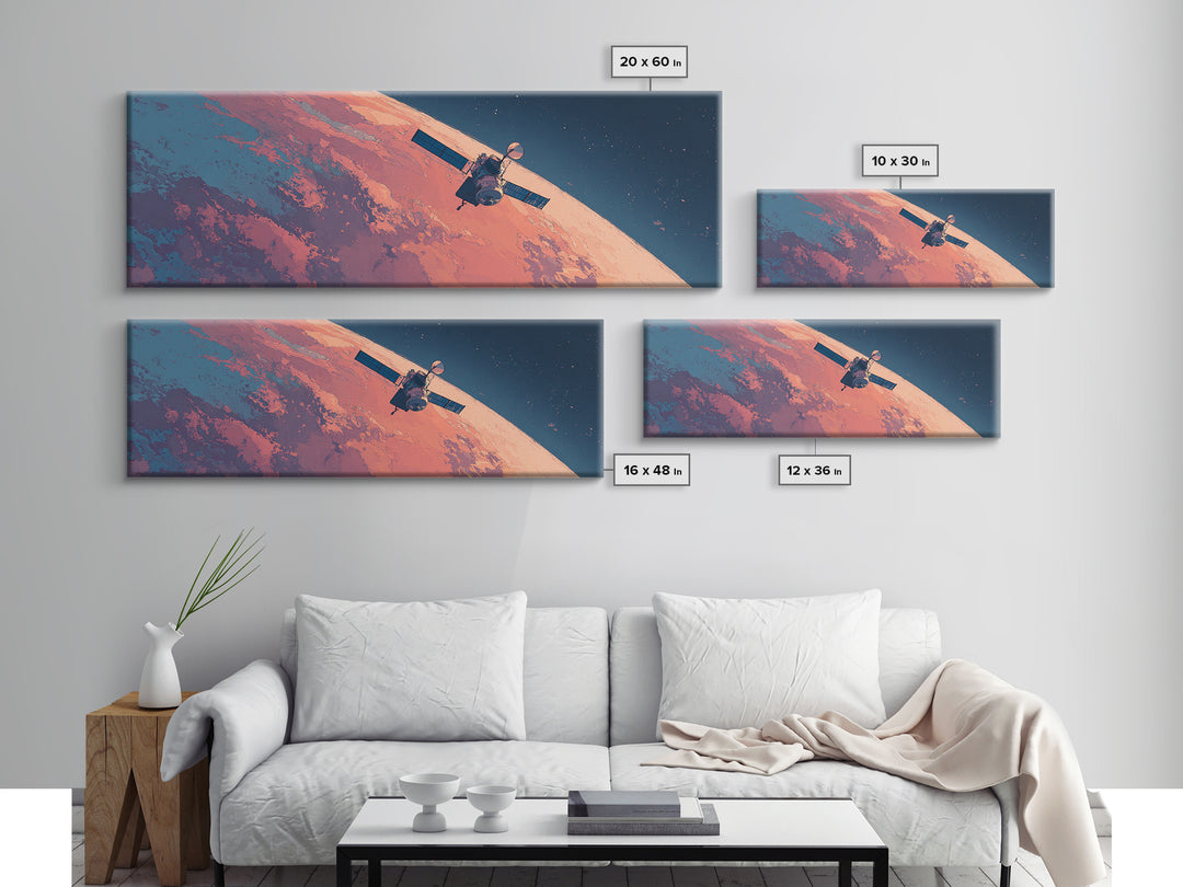 Peach Planet Orbit Satellite Canvas Print, Retro Sci Fi Space Wall Art, Midcentury Modern Poster, Office Decor Gift For Him