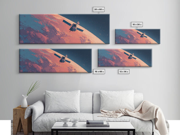 Peach Planet Orbit Satellite Canvas Print, Retro Sci Fi Space Wall Art, Midcentury Modern Poster, Office Decor Gift For Him
