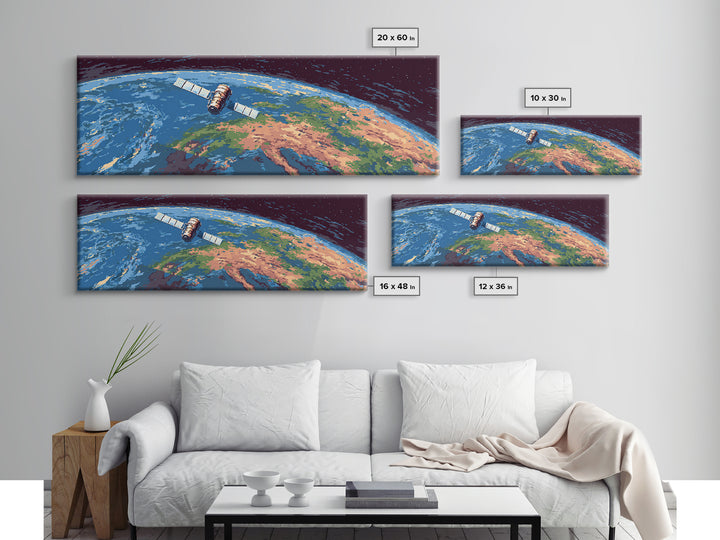 Satellite Above Blue Green Earth Wall Art, Panoramic Retro Space Poster, Midcentury Modern Art Print, Home Office Decor Gift