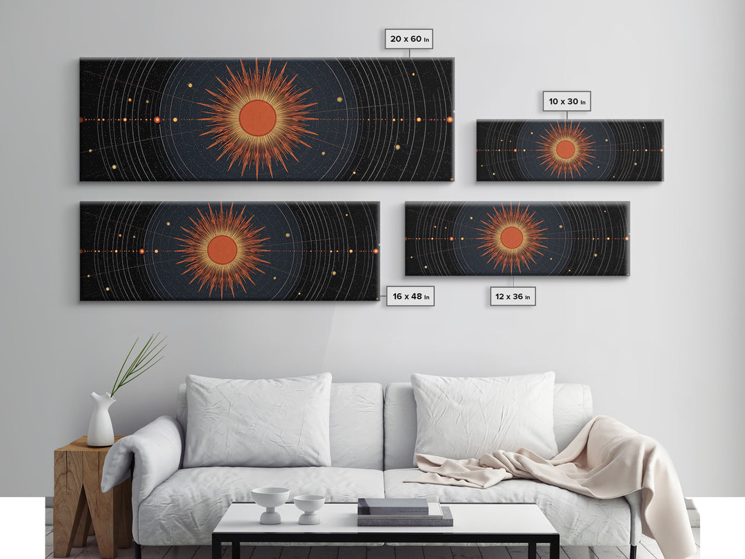 Celestial Orange Sun Orbit Diagram Wall Art, Atomic Midcentury Modern Art Poster, Geometric Space Print, Office Decor Gift