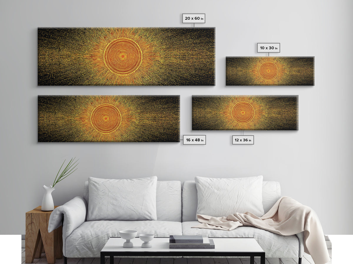 Golden Radiant Mandala Sun Canvas Print, Abstract Space Wall Art, Midcentury Modern Decor, Spiritual Geometric Poster Gift