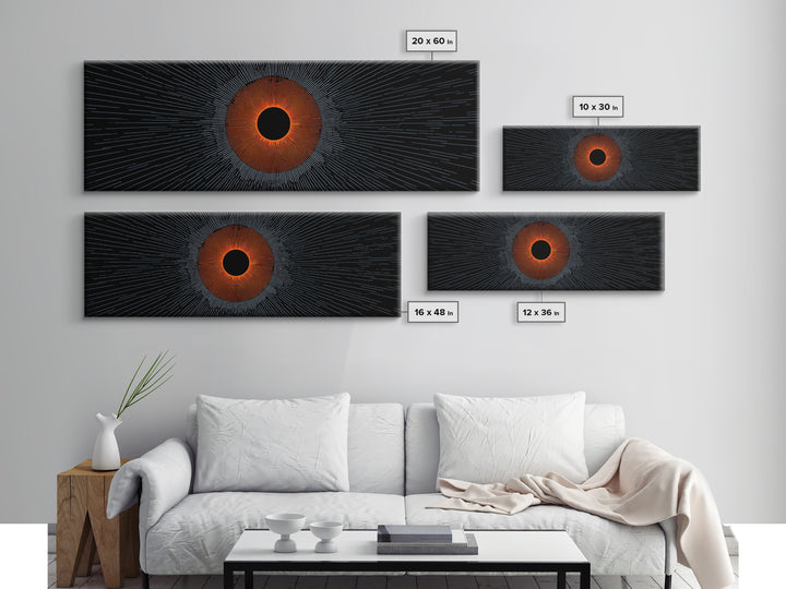 Orange Eclipse With Blue Radial Lines Wall Art, Abstract Sci Fi Space Poster, Midcentury Modern Decor, Geometric Print Gift
