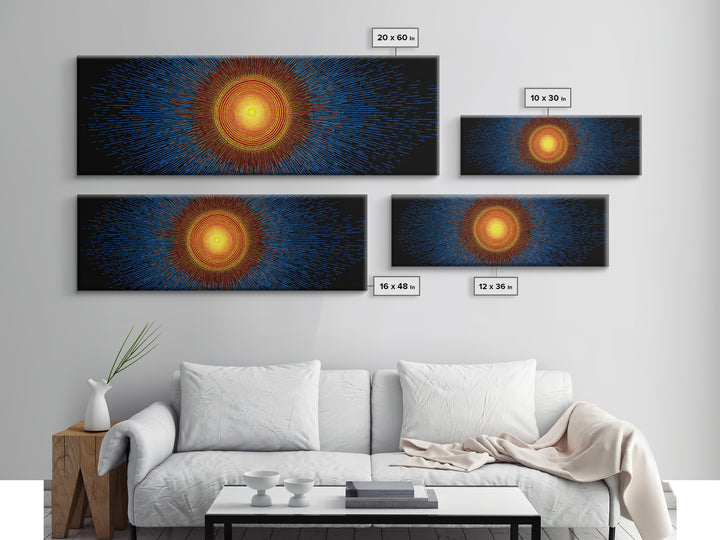 Blue And Orange Radiant Solar Burst Canvas Print, Abstract Space Wall Art, Midcentury Modern Poster, Bold Geometric Decor