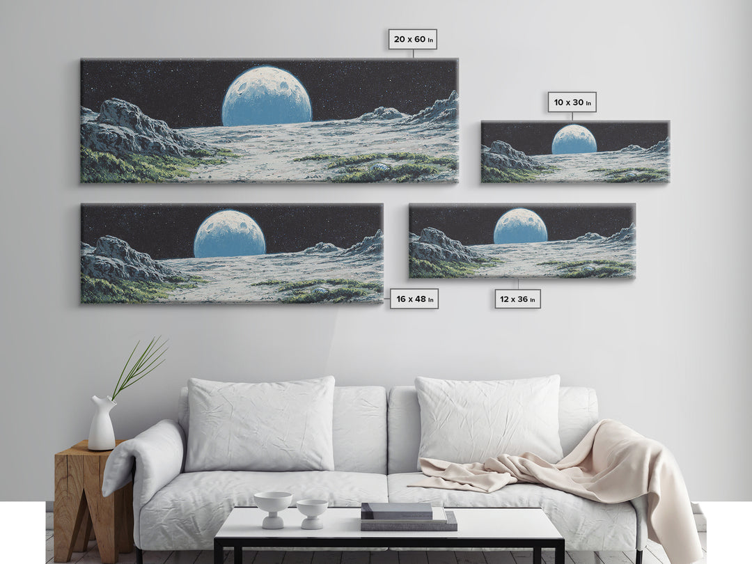 Moon Rising Over Alien Mountains Wall Art, Retro Sci Fi Landscape Poster, Midcentury Modern Decor, Scenic Space Art Print