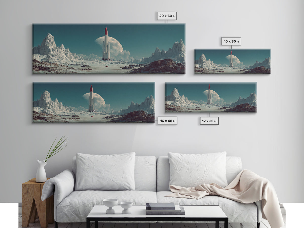 Rocket On Lunar Plain With Giant Moon Framed Canvas Print, Retro Sci Fi Wall Art, Midcentury Modern Space Poster Decor Gift