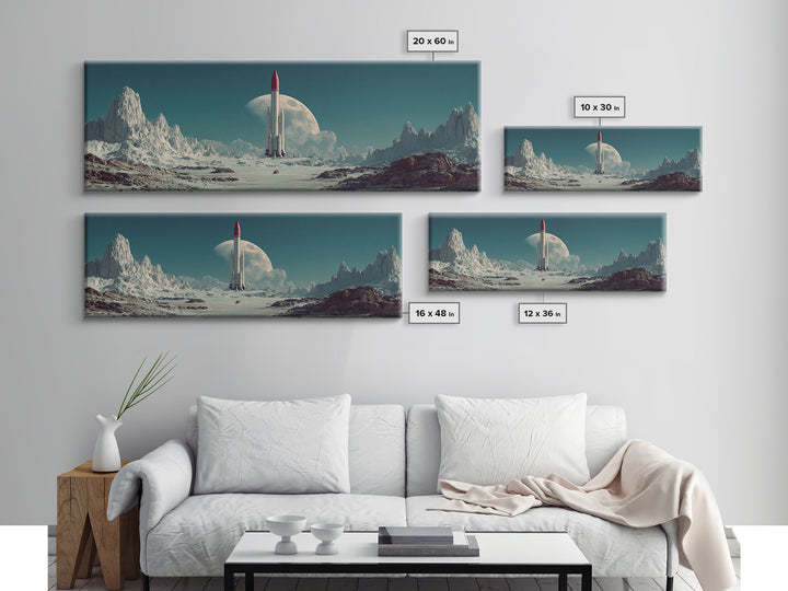 Rocket On Lunar Plain With Giant Moon Framed Canvas Print, Retro Sci Fi Wall Art, Midcentury Modern Space Poster Decor Gift