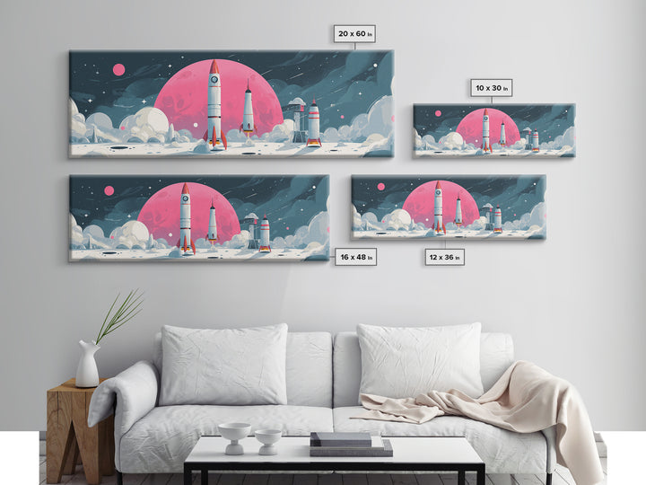 Pink Moon Rocket Base Wall Art, Retro Sci Fi Space Poster, Midcentury Modern Art Print, Lunar Nursery Decor, MCM Wall Decor