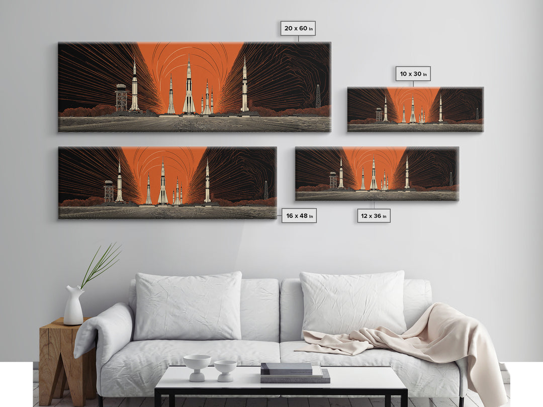 Orange Spaceport Rockets Framed Canvas Print, Midcentury Modern Wall Art, Retro Sci Fi Poster, Atomic MCM Wall Decor, Modern Home Decor