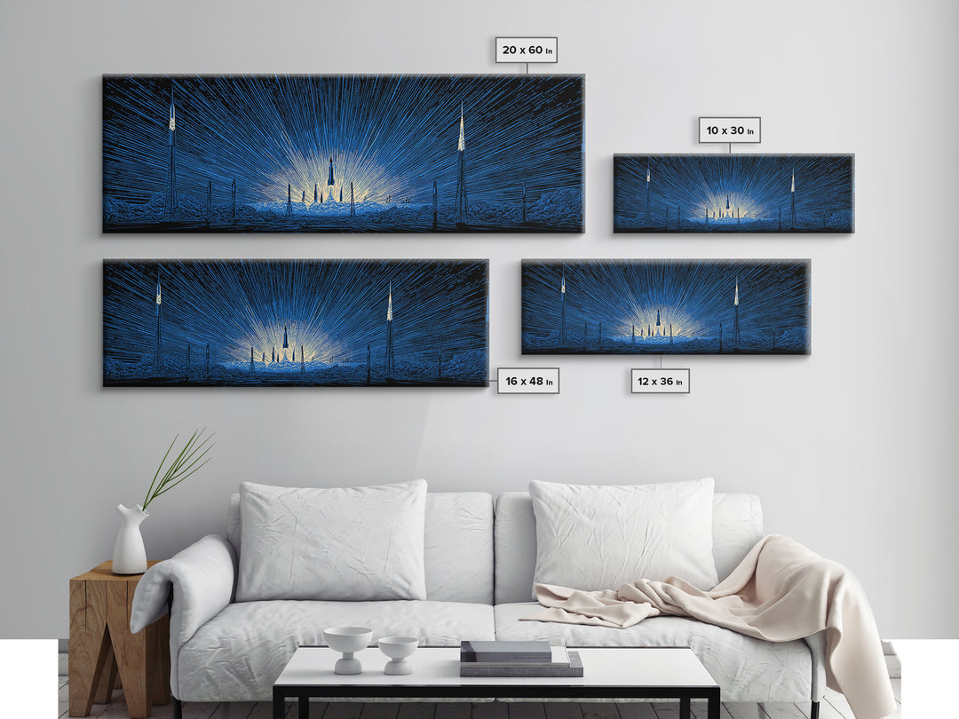 Blue Rocket Launch Wall Art, Radiant Sci Fi Space Poster, Midcentury Modern Art Print, Retro Futuristic Office Decor For Home